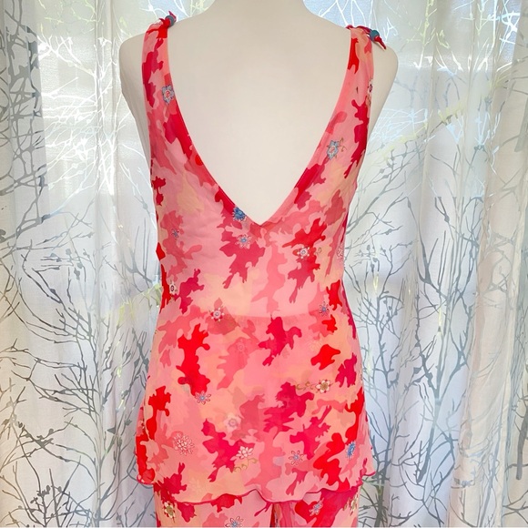 NATORI JOSIE PINK RED FLORAL CAMO PRINT SHEER TANK TOP CROP PANTS PAJAMA SET - Picture 3 of 13